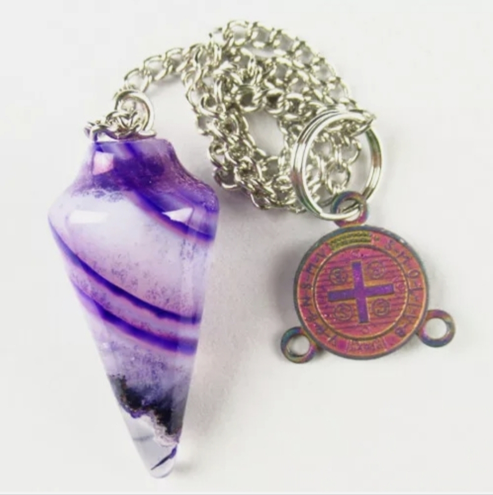 New Purple & White Onyx Agate Pendulum Rainbow Titanium Saint Benedict Pendant.